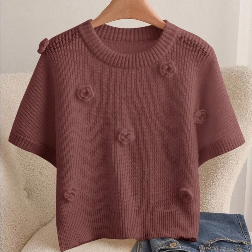 NIB Brown Knit Sweater with Floral Accents PLUS SZ 2X (16) Raglan sleeves NEW - Picture 1 of 9